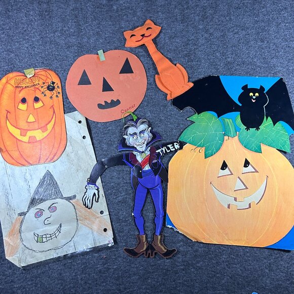 Hallmark Other - Halloween Ephemera Lot Cards Felt Cat Die Cut Children's Art 6 Items Dracula Bat